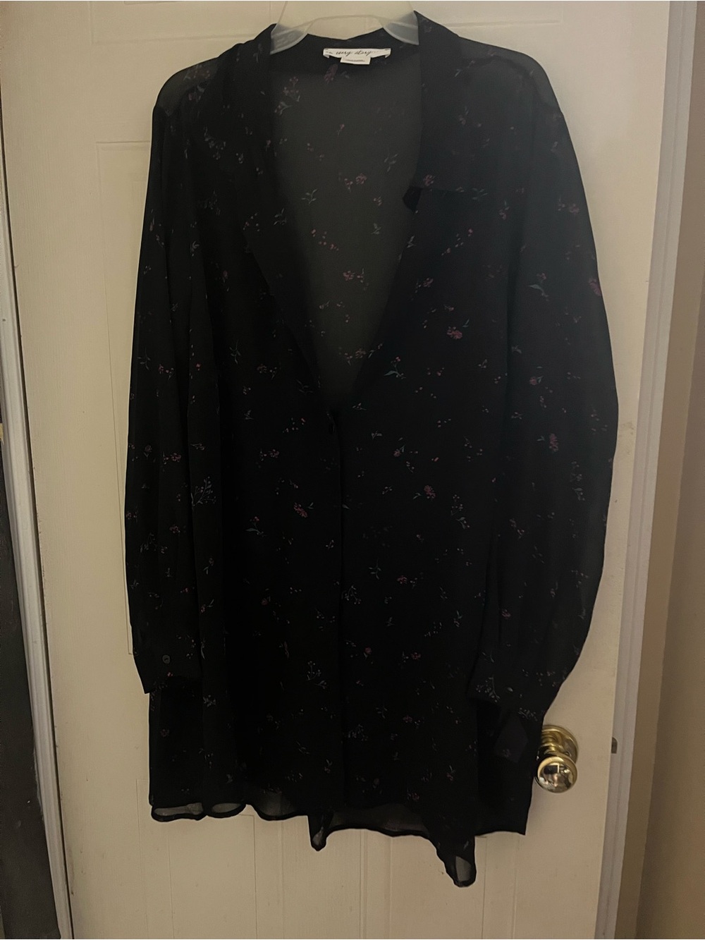 Addition Elle Black Sheer Long Sleeve Shirt with Subtle Pink Floral Print
